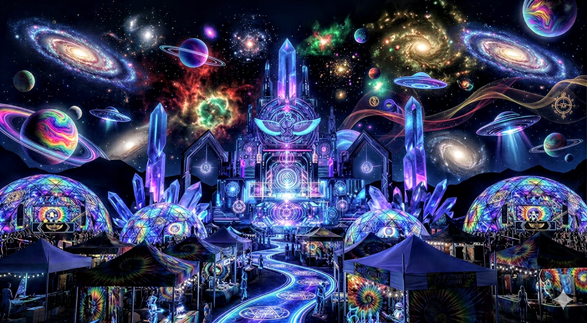 Cosmic festival scene — the foundation of the lot