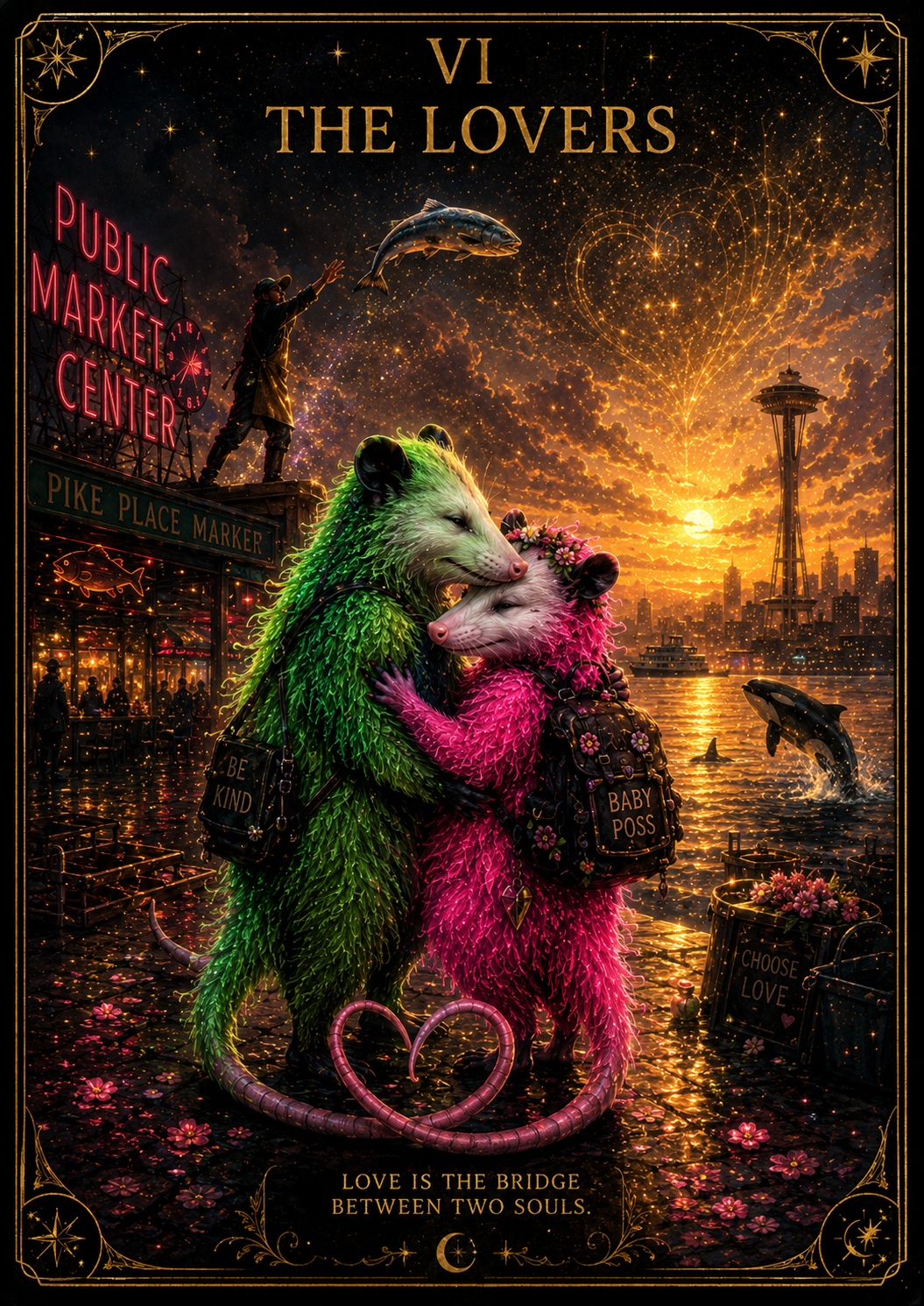 The Lovers — Possum Tarot. Two opossums face each other beneath an arch of stars over a rain-soaked city, choosing love.