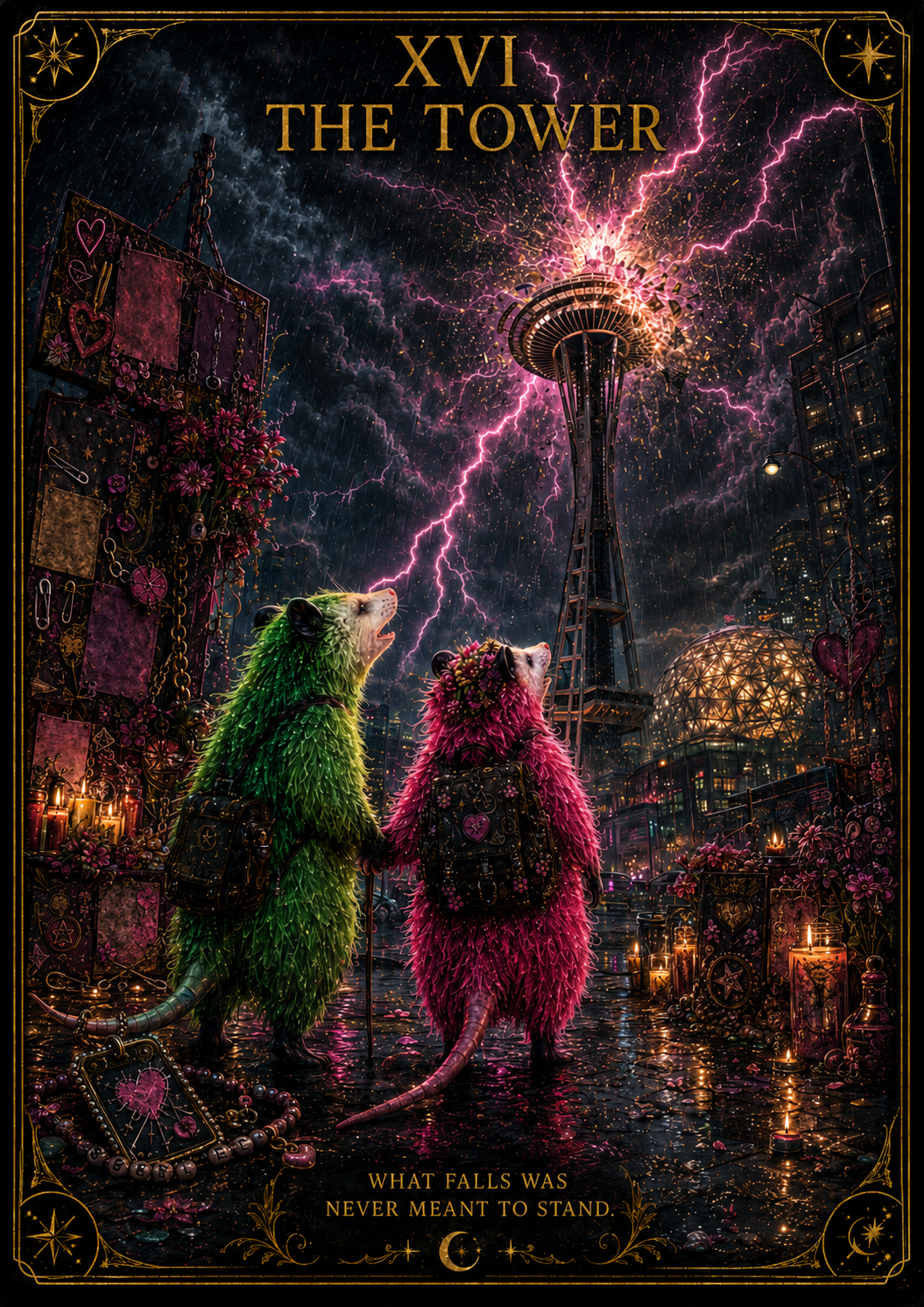 The Tower — Possum Tarot. Lightning splits a crumbling tower as a possum tumbles through the wreckage — destruction that clears the way for truth.