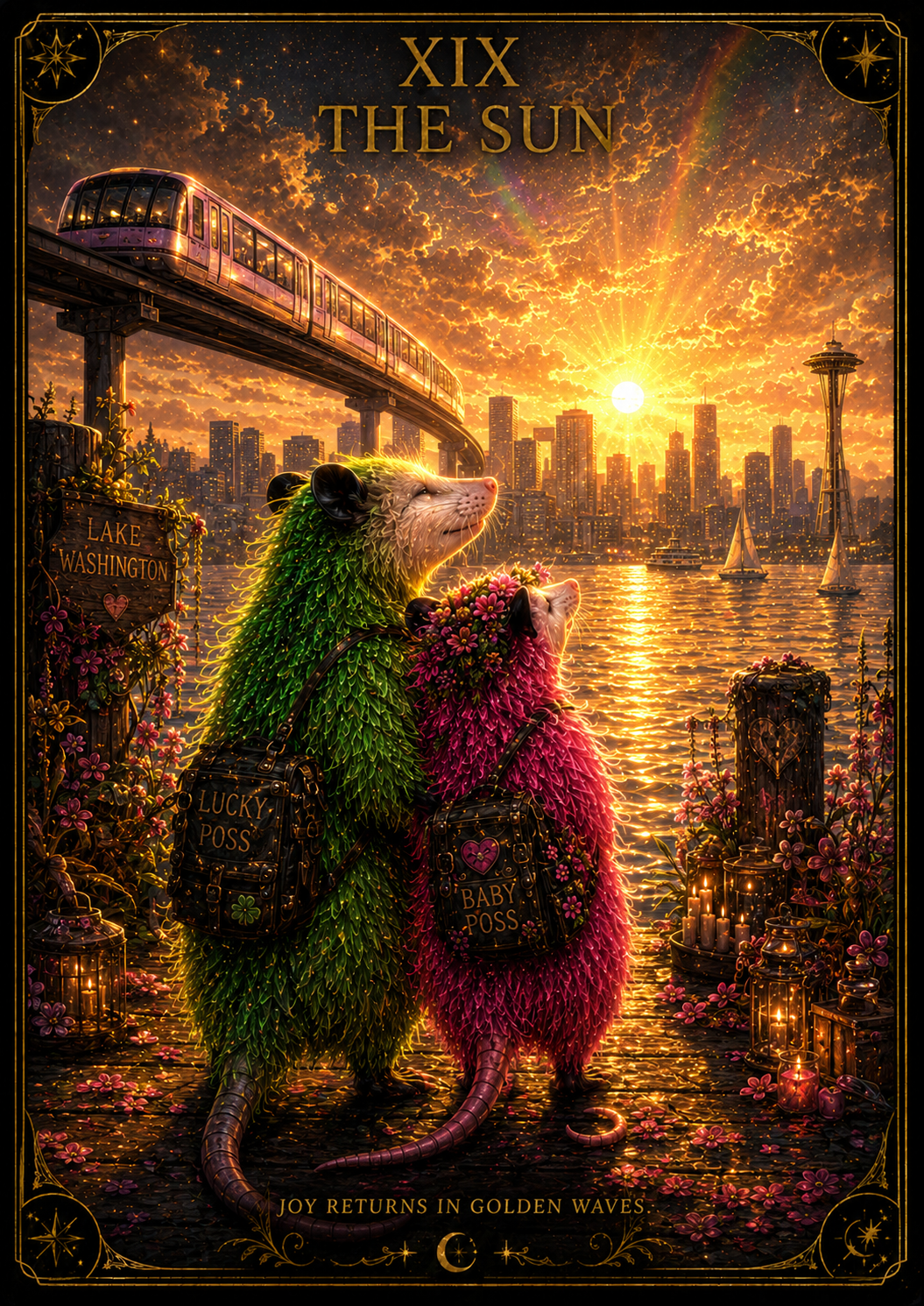 The Sun — Possum Tarot. A radiant possum is bathed in golden sunlight, joy and vitality restored after the long dark.