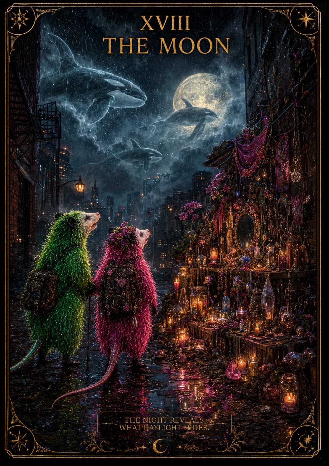 The Moon — Possum Tarot. A luminous opossum stands beneath a pale moon in a misty landscape, navigating between shadow and dream.