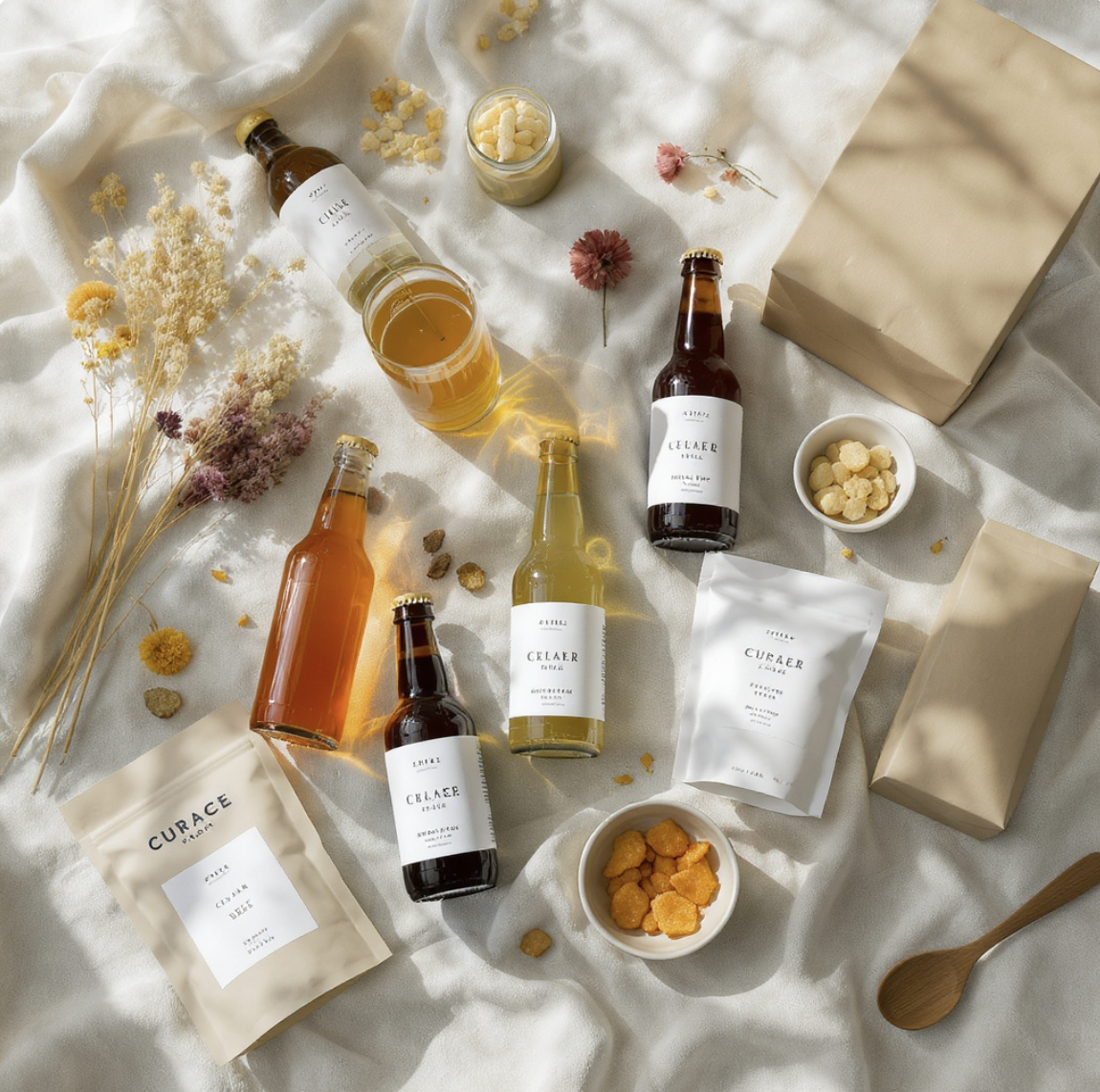 Artisanal packaged goods flat lay