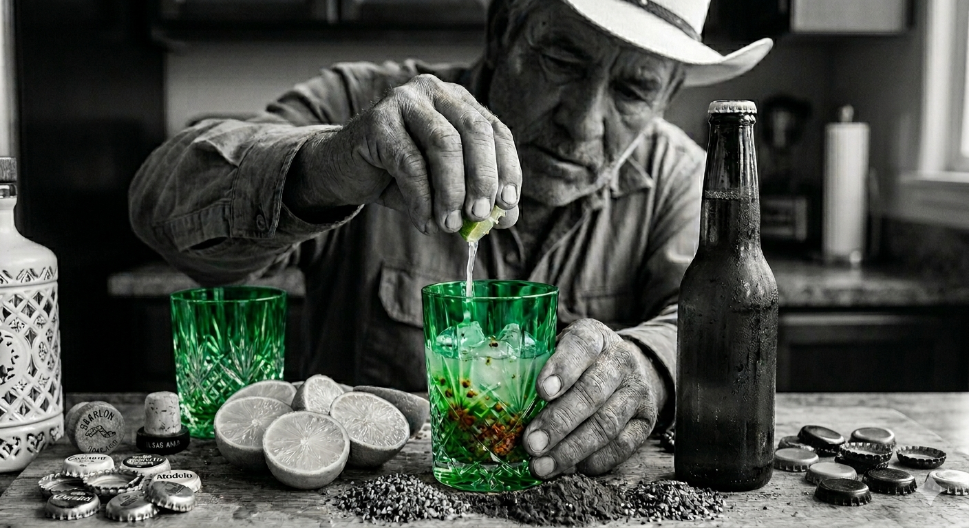Lime being squeezed into a michelada glass with spices on the table