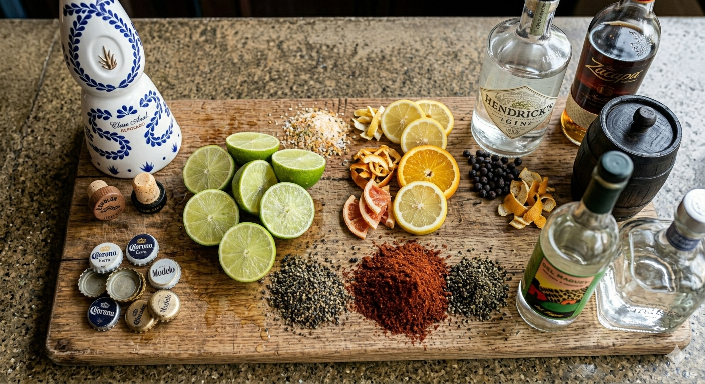 Fresh ingredients laid out on a cutting board — limes, grapefruit, oranges, dried chiles, spices
