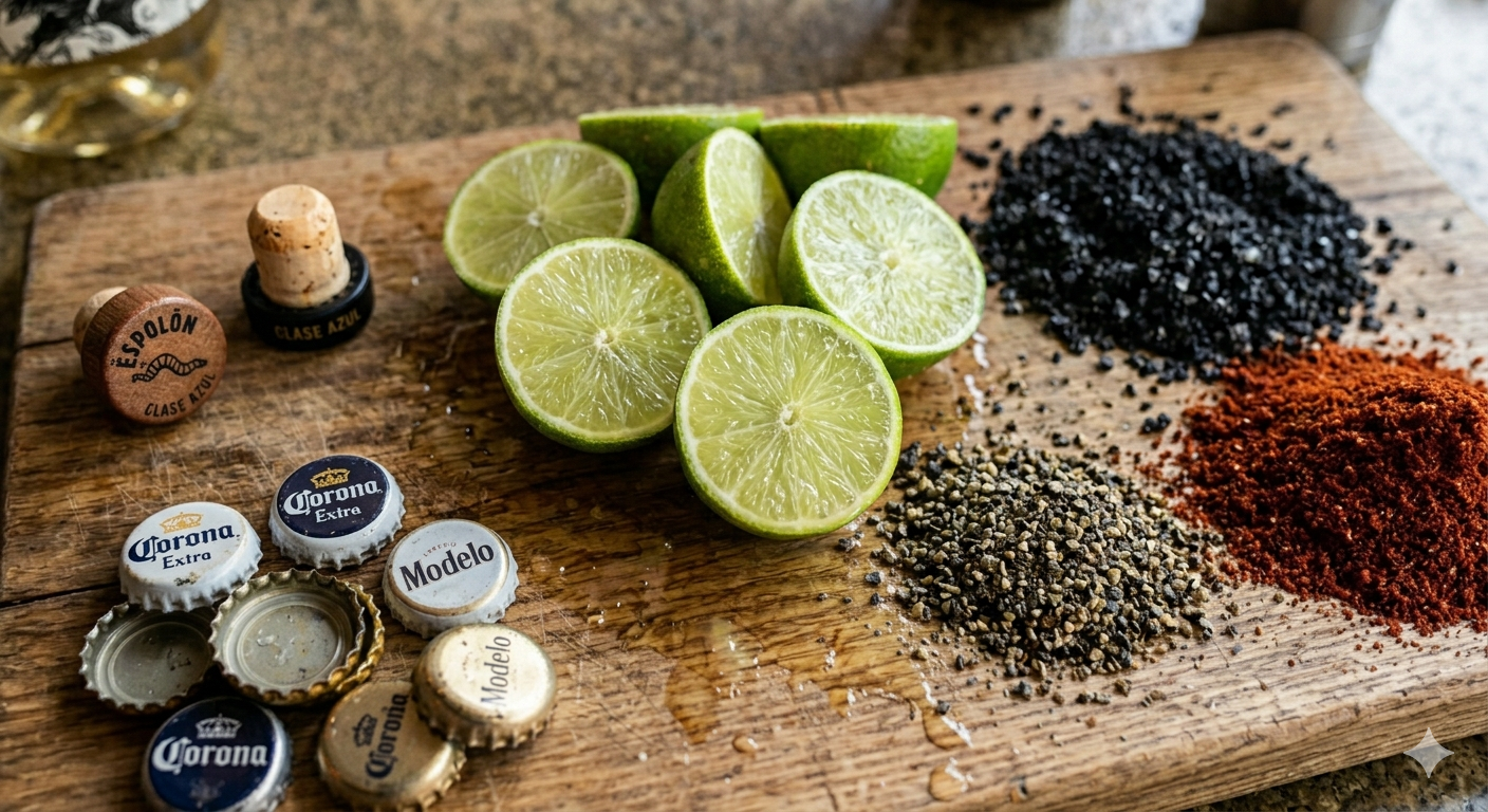 Limes, chili powder, black salt, spices, and bottle caps on a rustic wooden cutting board