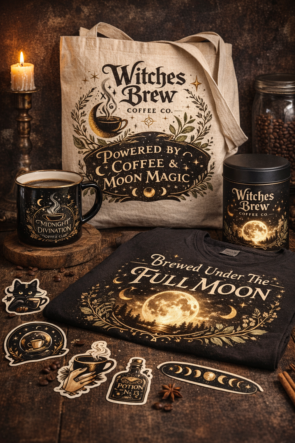 Witches Brew Coffee Co lifestyle collection — tote bag, mug, tee, stickers, and coffee tin styled on rustic wood