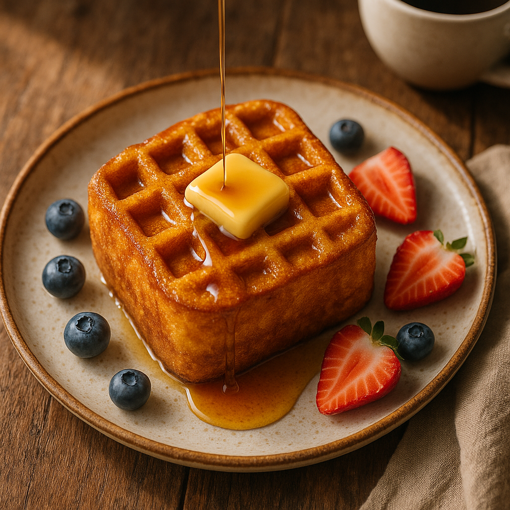 Pawaffle Toast — golden-brown hybrid breakfast with waffle grid, French toast color, and pancake fluffiness, topped with butter and maple syrup alongside fresh berries