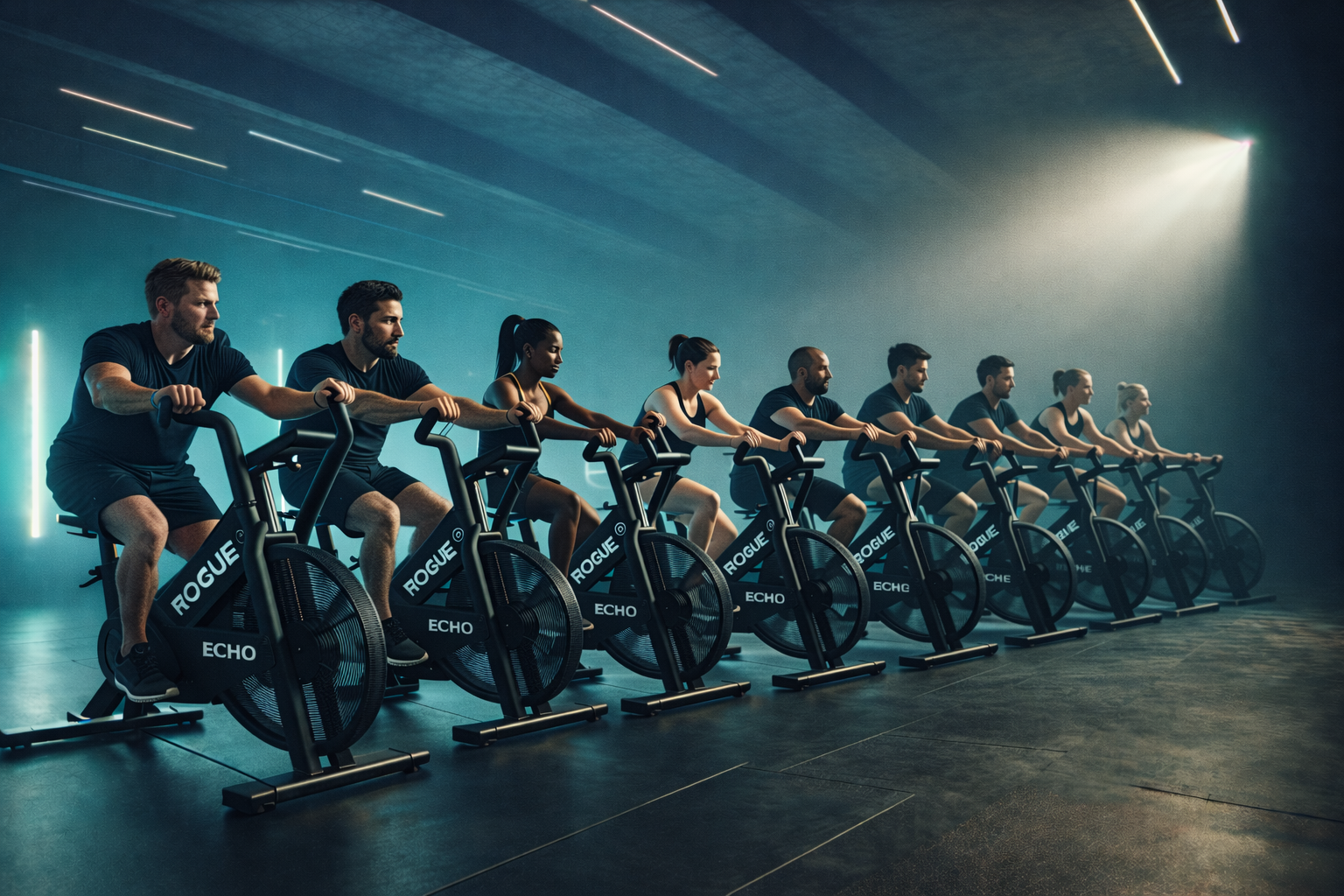 Row of athletes on Rogue Echo Bikes in a dark moody studio with dramatic lighting