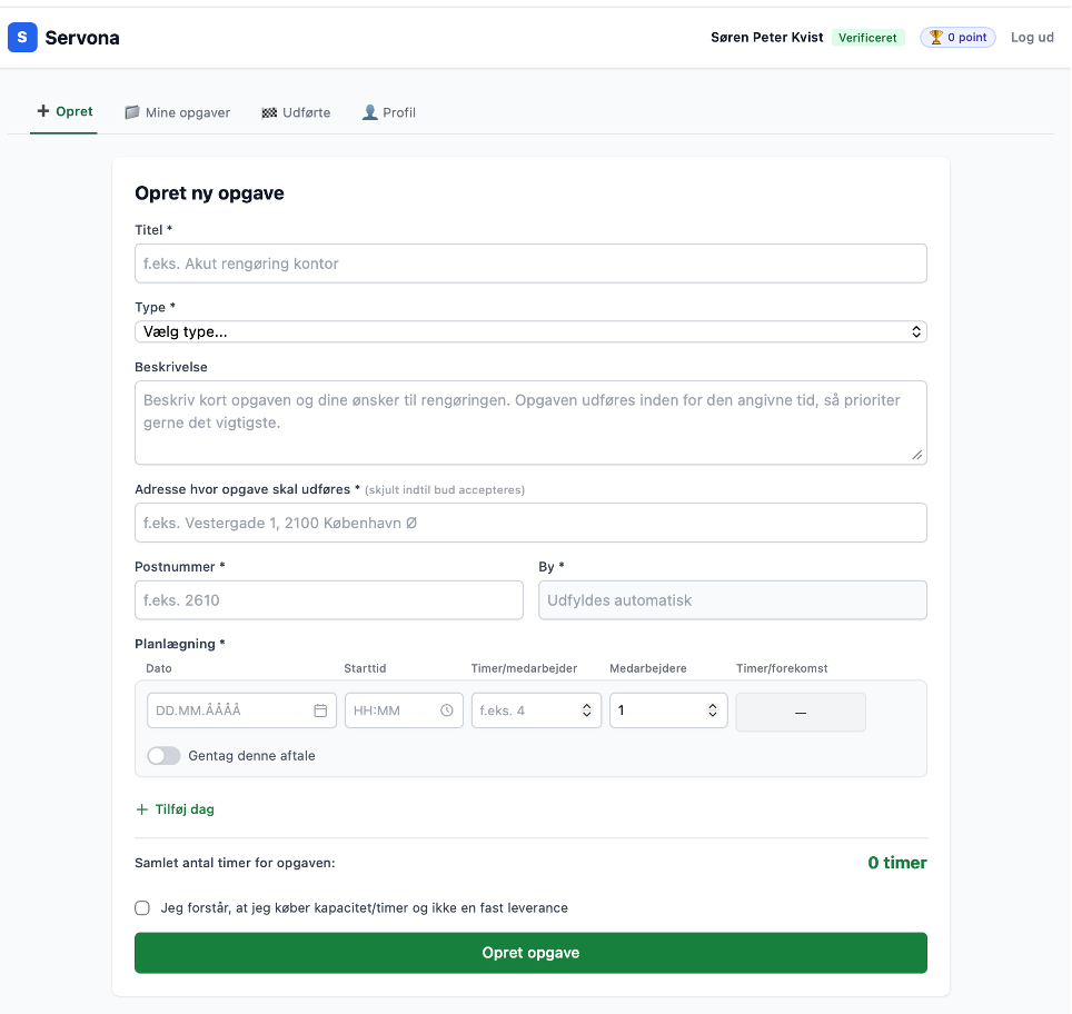 Servona – Opret ny opgave med titel, type, beskrivelse og adresse
