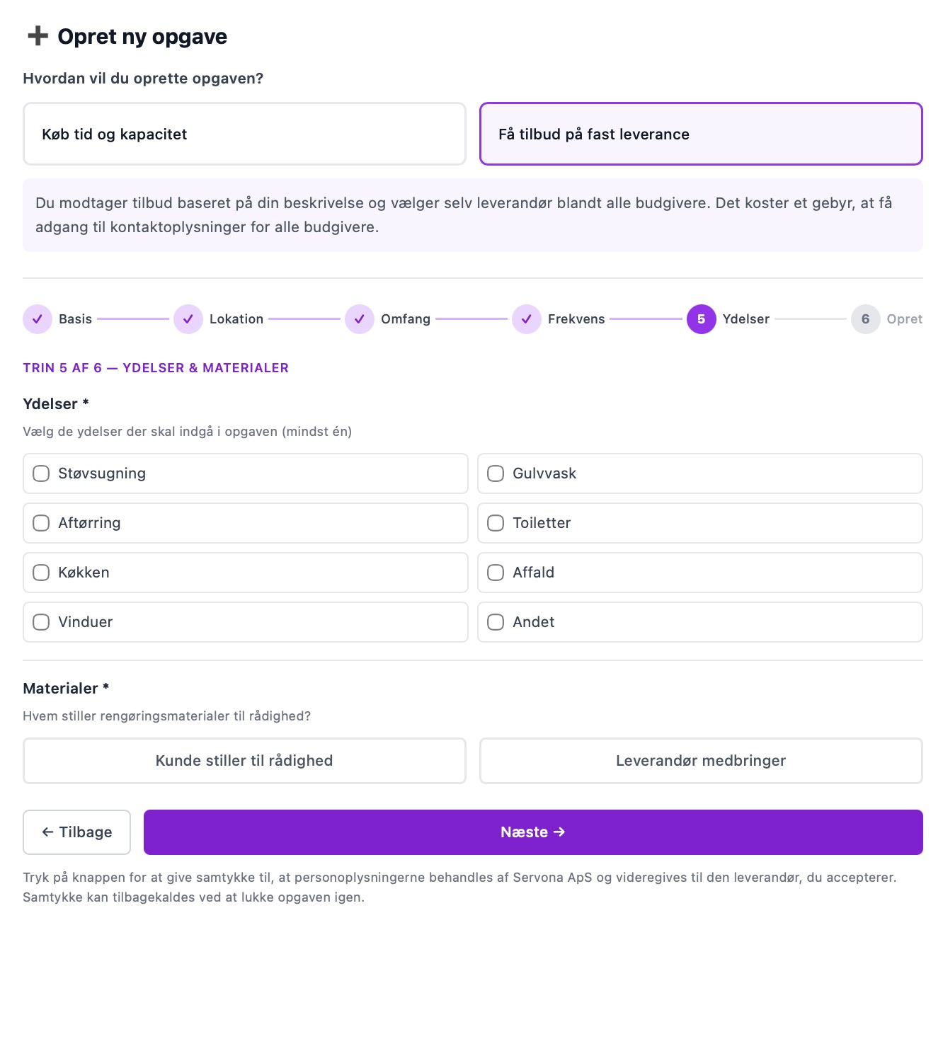 Opret ny opgave – Fast leverance formular