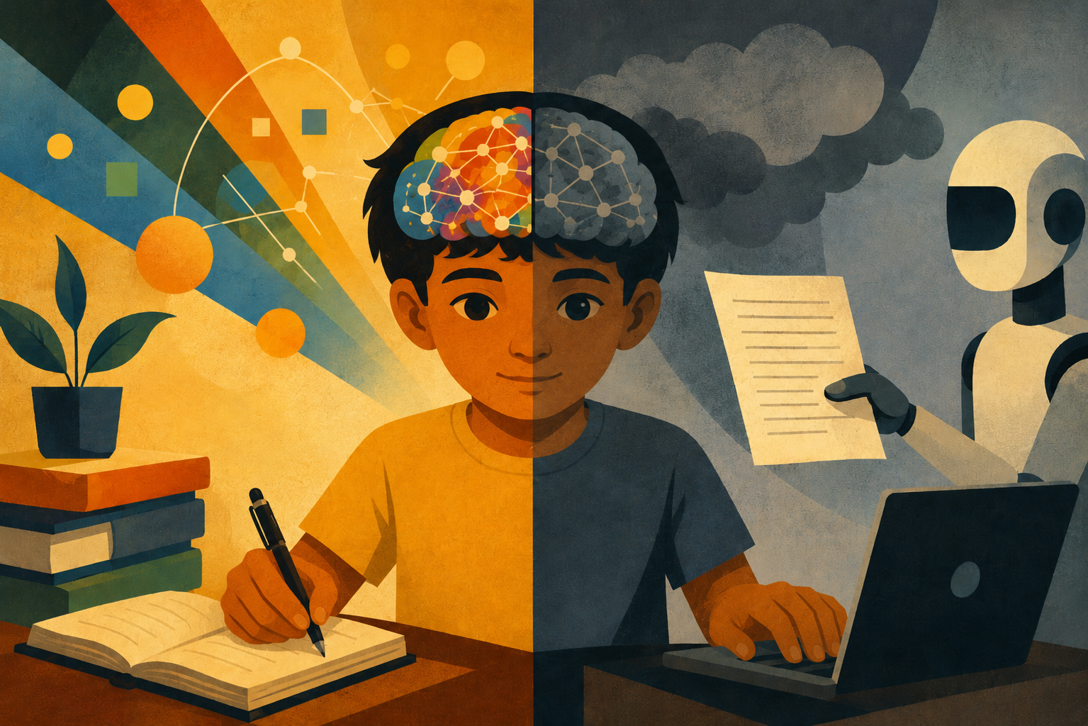A split-brain illustration contrasting active neural networks (brain writing by hand) with dulled connectivity (using AI tools)