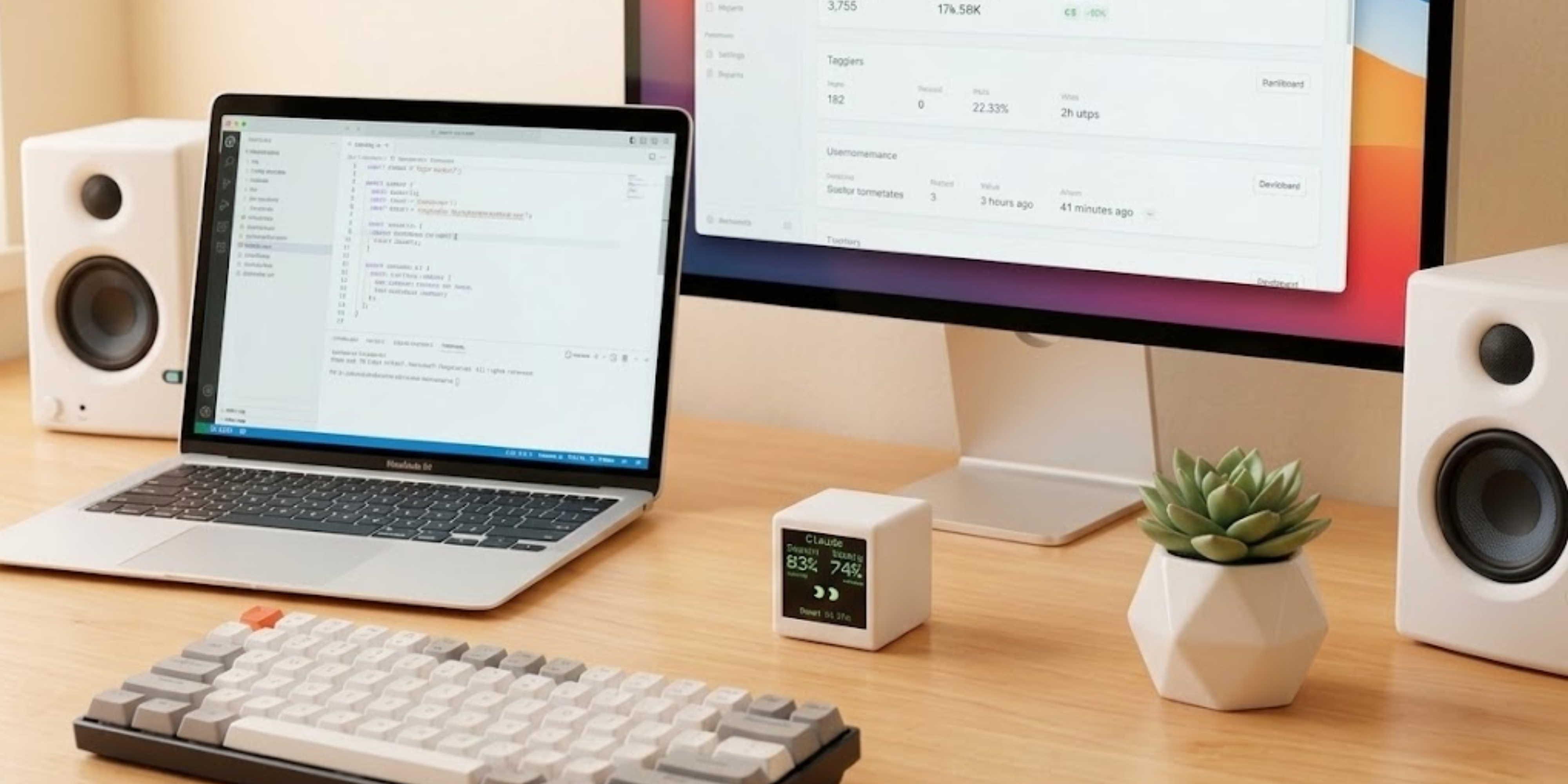 Vibe TV on minimal white desk setup with MacBook, monitor, and keyboard