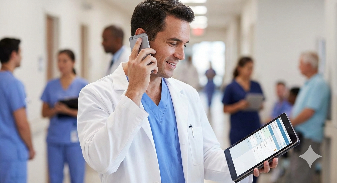 Doctor with tablet and phone managing EHR