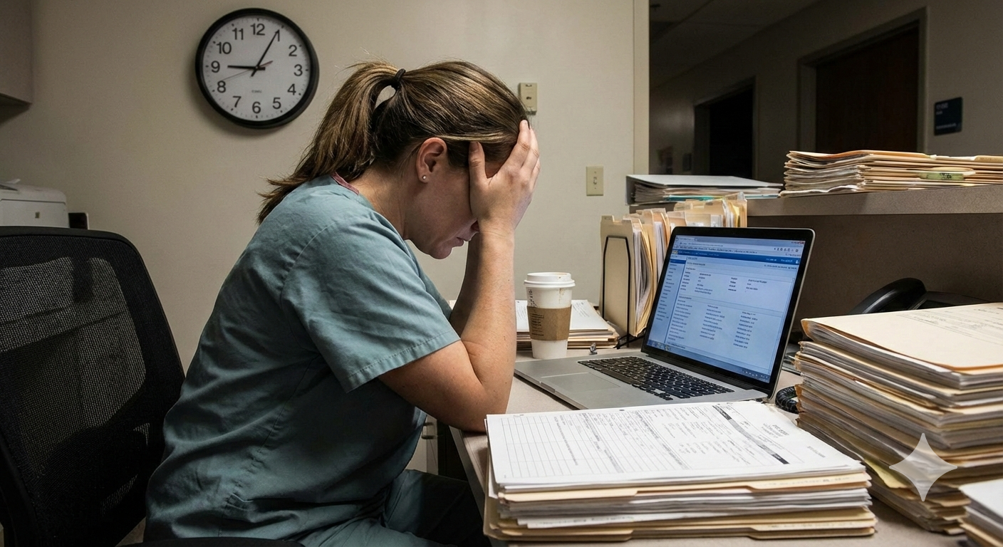 Doctor at desk overwhelmed by paperwork