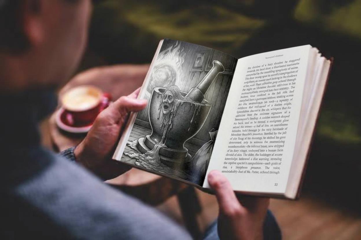 Reader holding Shadows In The Trade Winds open to the Soucouyant illustration