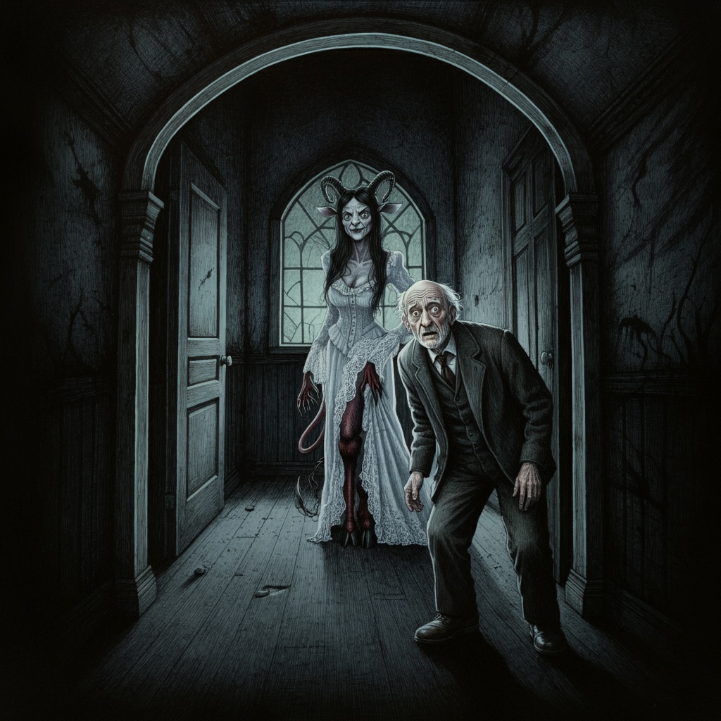 La Diablesse — horned woman in white dress pursuing an old man