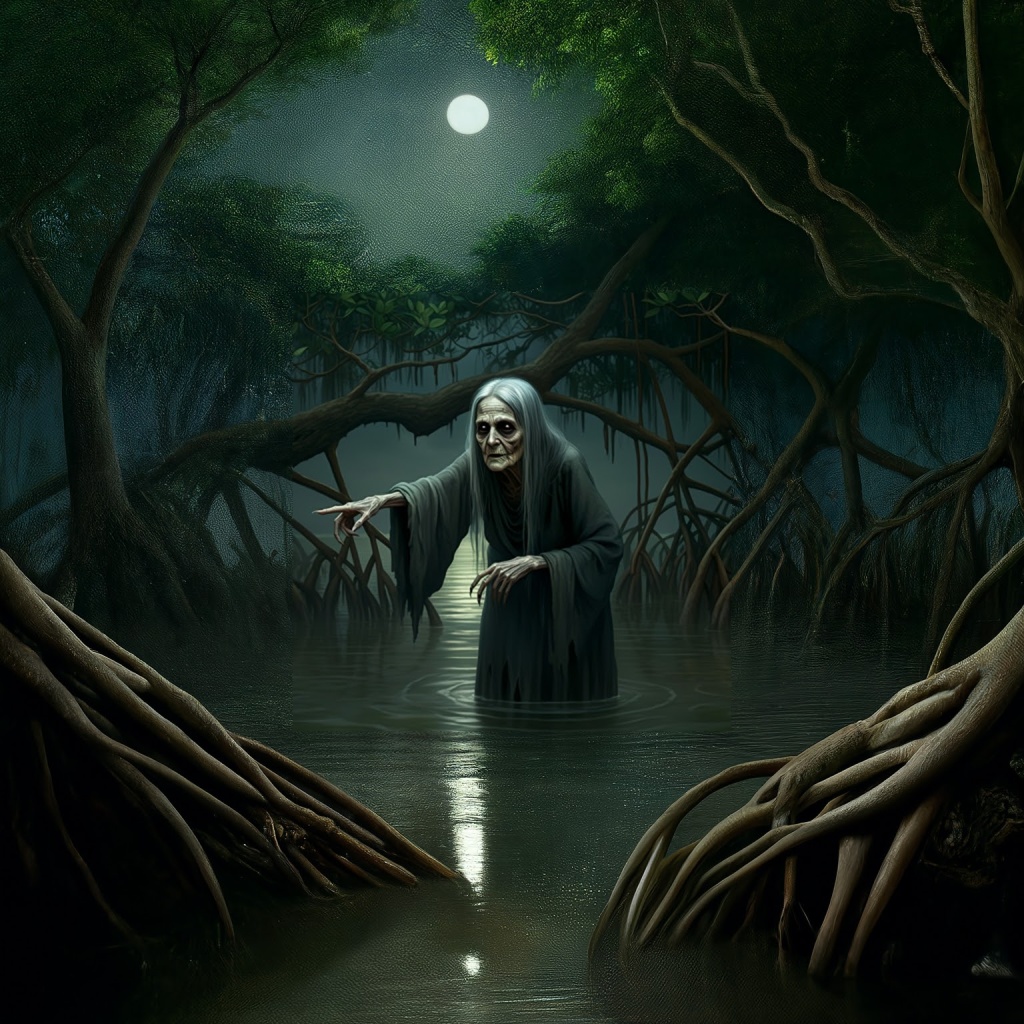 La Llorona — ghostly woman in a mangrove swamp