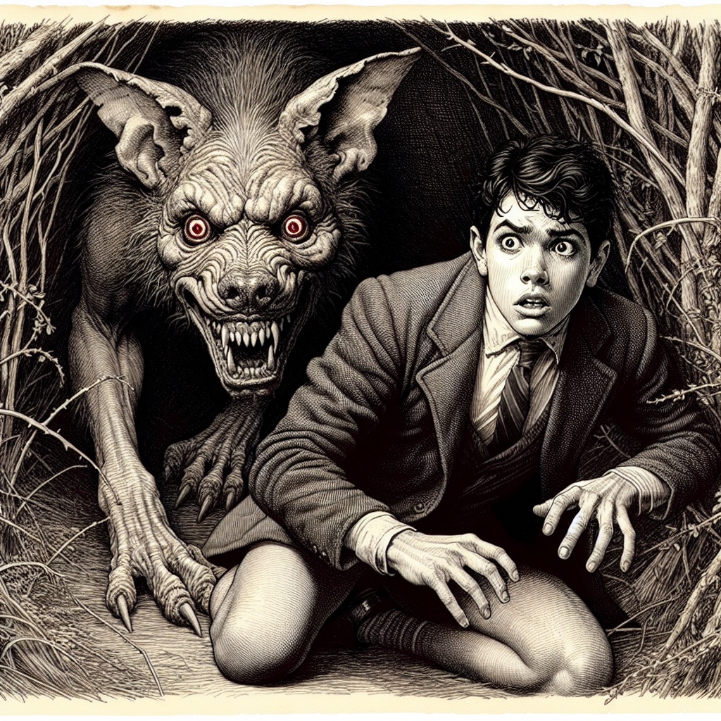 Chupacabra — boy confronting a red-eyed beast, black and white ink