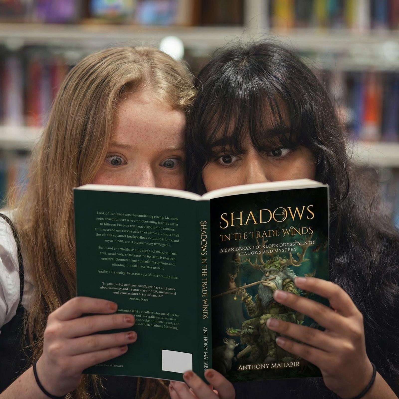 Two readers discovering Shadows In The Trade Winds in a library