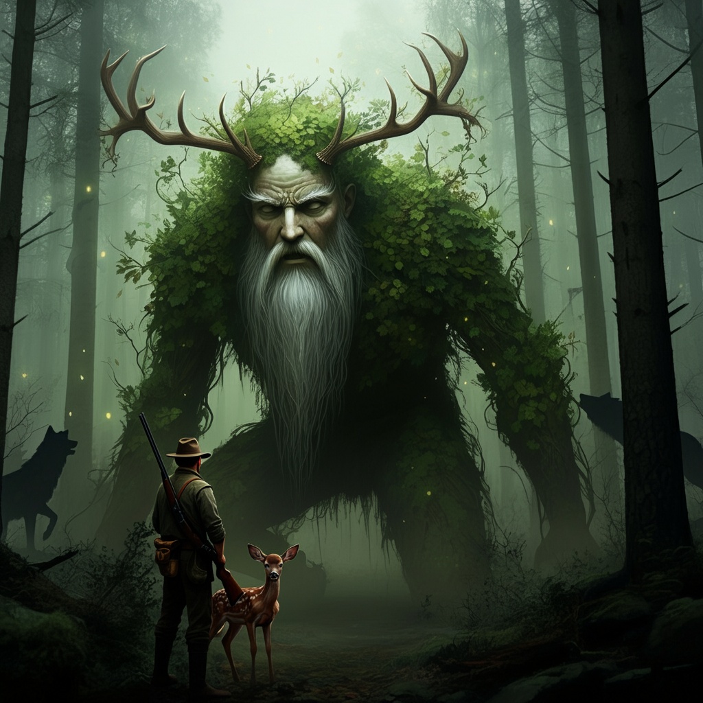 Papa Bois — forest guardian facing a hunter