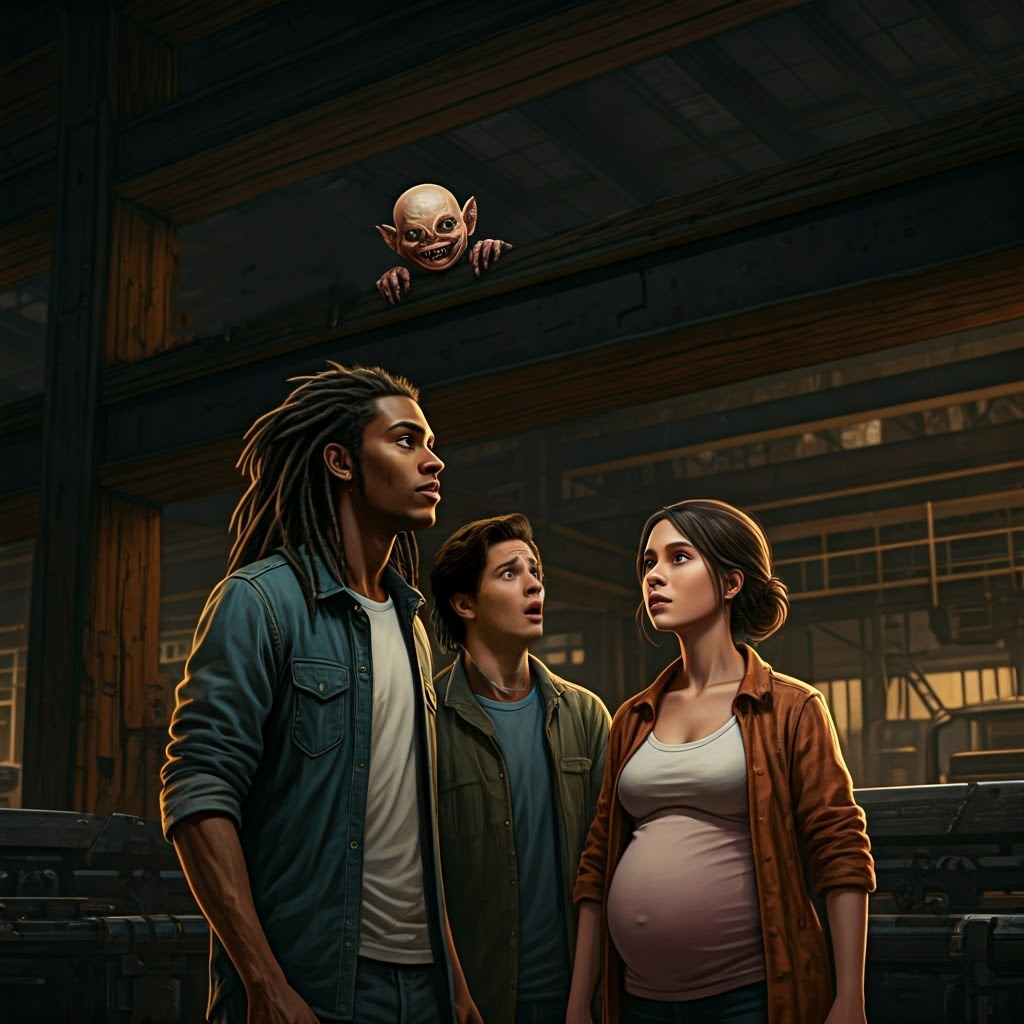 Buck — three people with the creature on the ceiling
