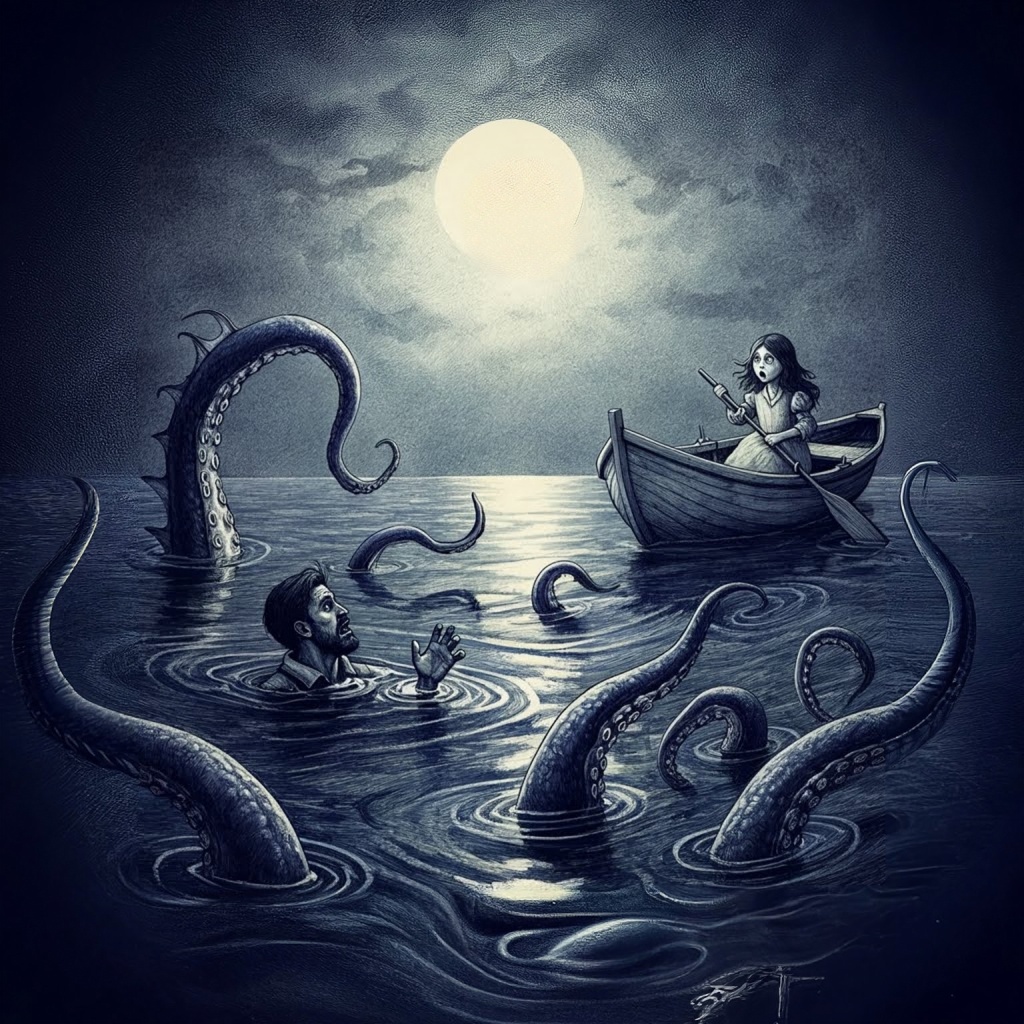 The Lusca — moonlit ocean, tentacles emerging, woman in a boat