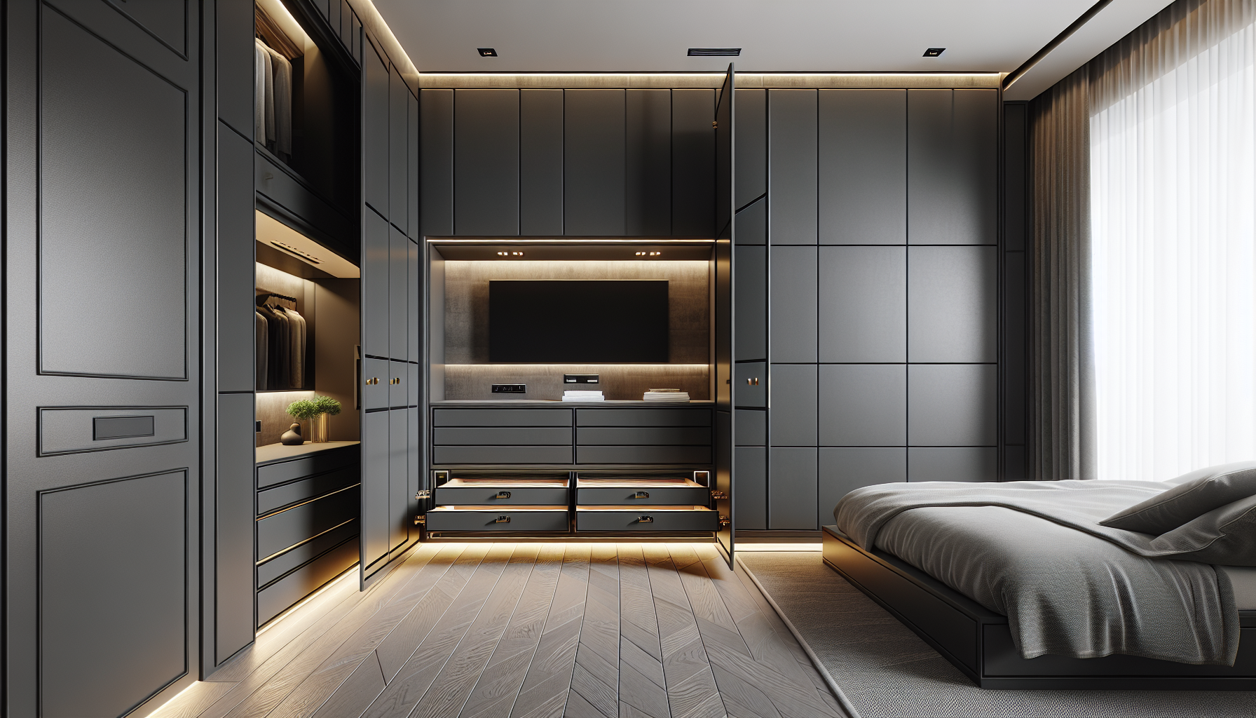 Concealed Storage System — custom cabinetry with soft-close drawers and integrated USB charging