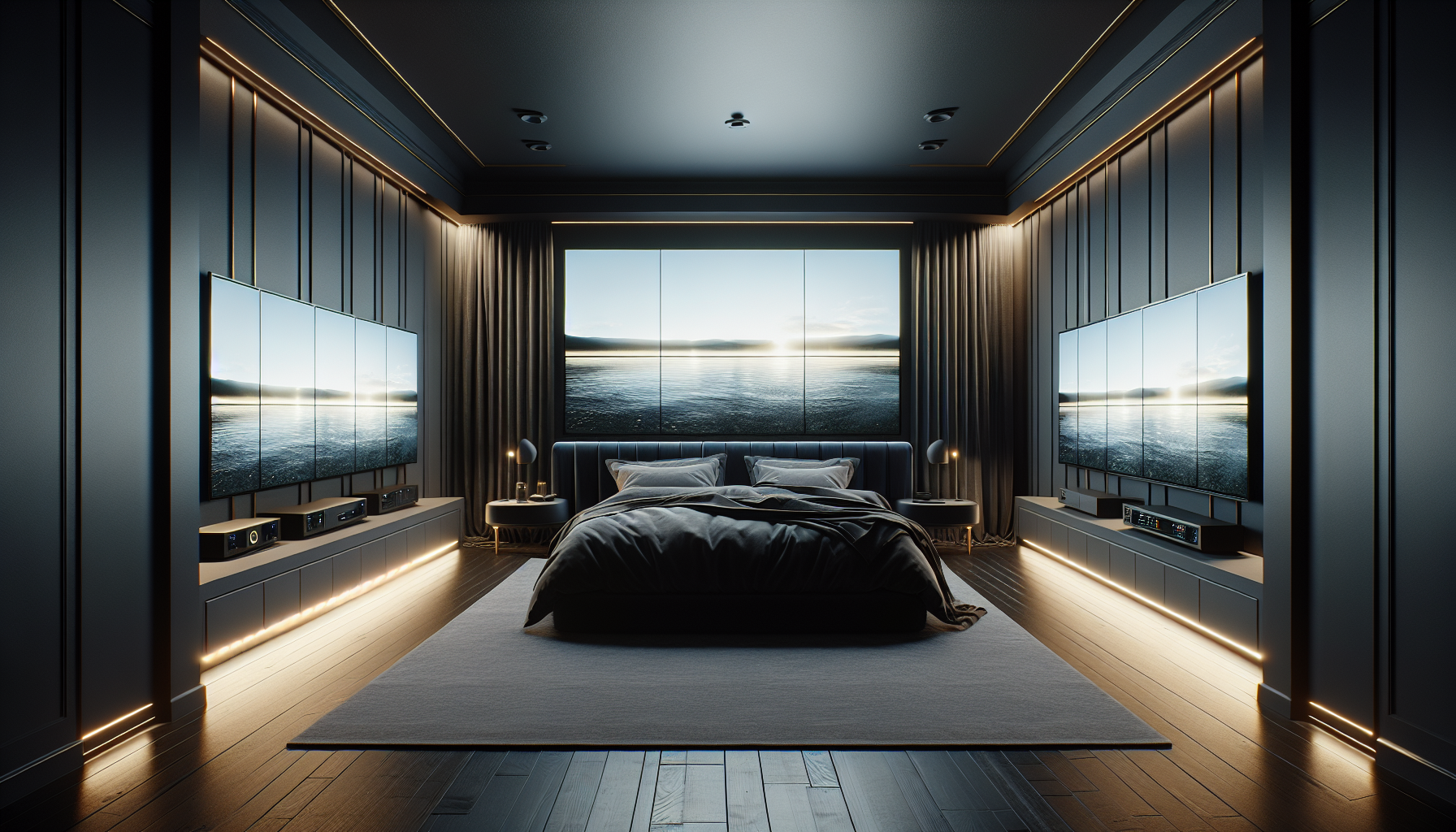 Surround AV Configuration — three-screen bedroom setup with synchronized playback