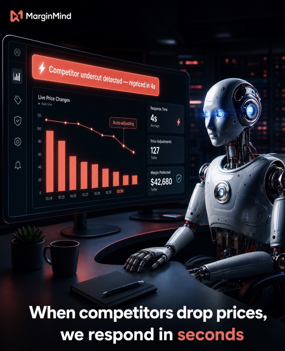 Branded MarginMind dashboard showing a robot at a repricing control panel with live competitor-undercut detection, a price-change chart, response time, adjustments count, and margin protected stat.