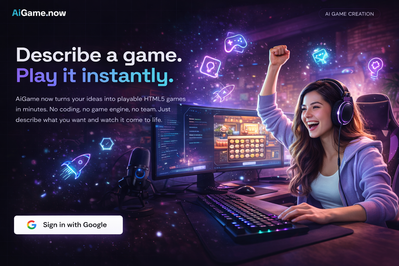 Gamer celebrating at desk with neon game icons