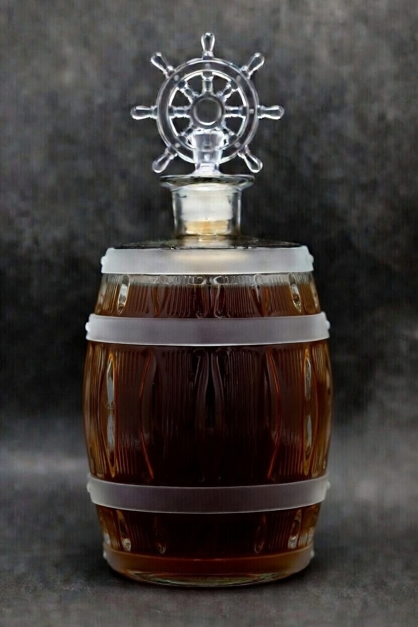 Bridgetown Club barrel decanter with ship's wheel stopper, filled with premium Bajan rum punch