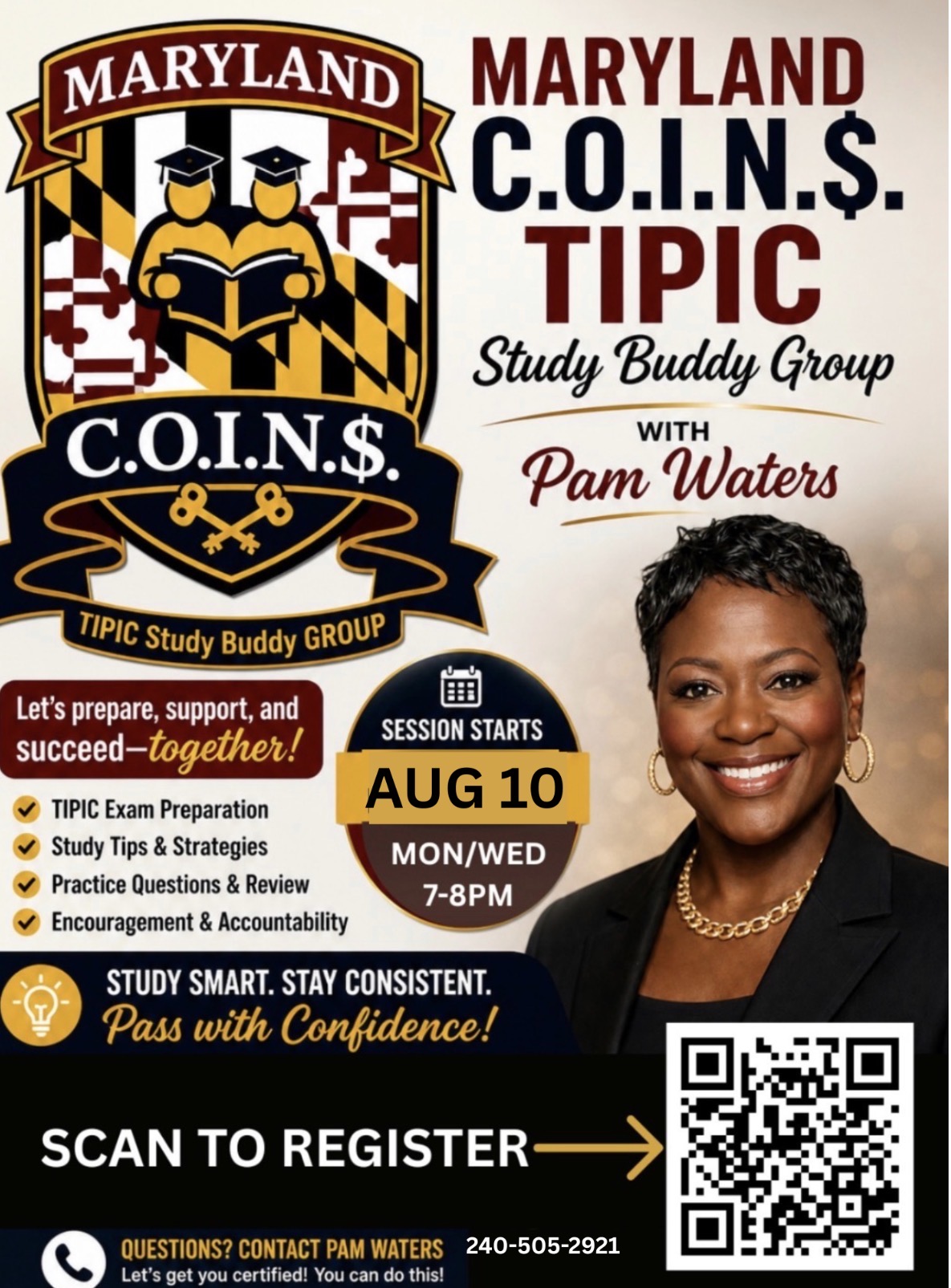 Maryland C.O.I.N.S. TIPIC Study Buddy Group flyer led by Pam Waters — current cohort starts August 10; sessions meet Mondays and Wednesdays, 7–8 PM ET. Includes a QR code to register.