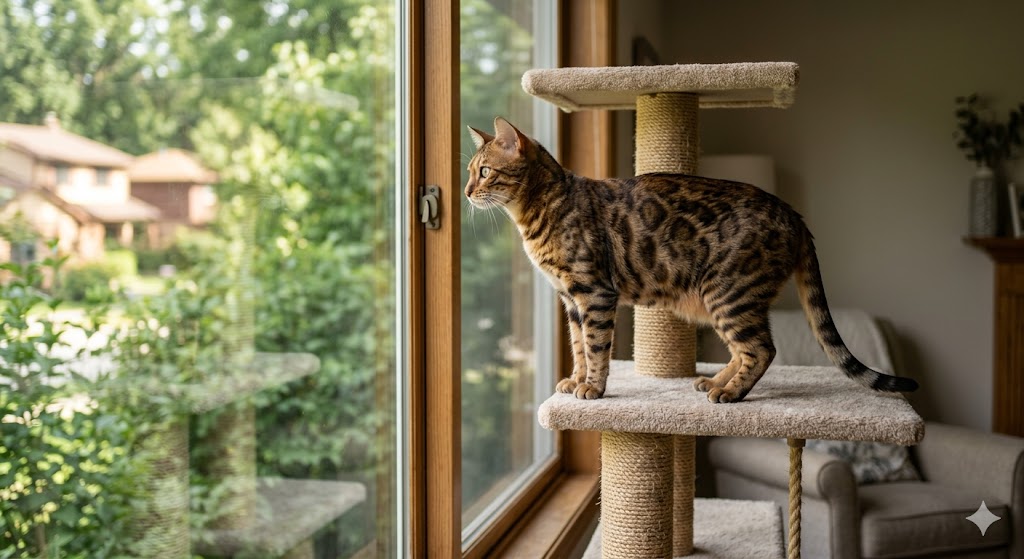 A Bengal cat with striking spotted markings standing on a carpeted cat tree, gazing out a sunlit window at a green backyard