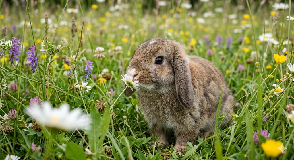 A brown lop-eared rabbit sitting in a wildflower meadow, nose-to-nose with a white daisy among purple and yellow flowers