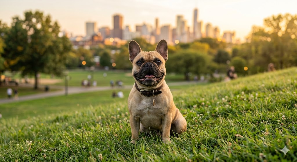 A fawn French Bulldog sitting proudly on a grassy hill in a city park with a downtown skyline glowing at sunset behind it