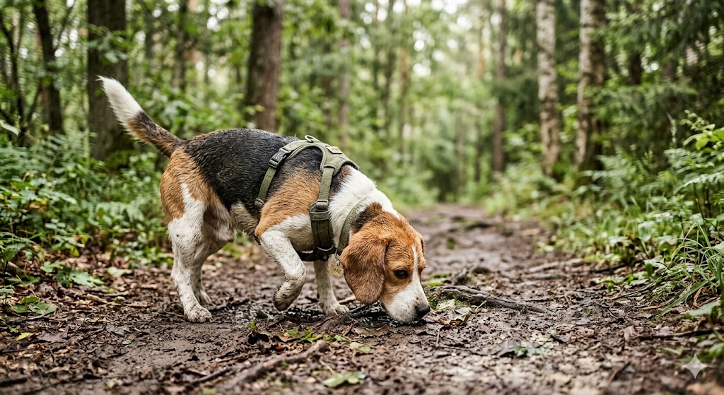 A tricolor beagle in an olive harness sniffing the muddy ground on a lush green forest trail