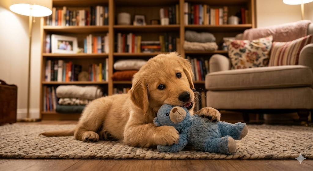 A golden retriever puppy lying on a woven rug in a cozy living room, gently chewing a blue stuffed teddy bear