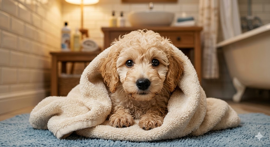 An adorable goldendoodle puppy with damp curly fur wrapped in a cream towel on a blue bath mat, looking directly at the camera with big brown eyes