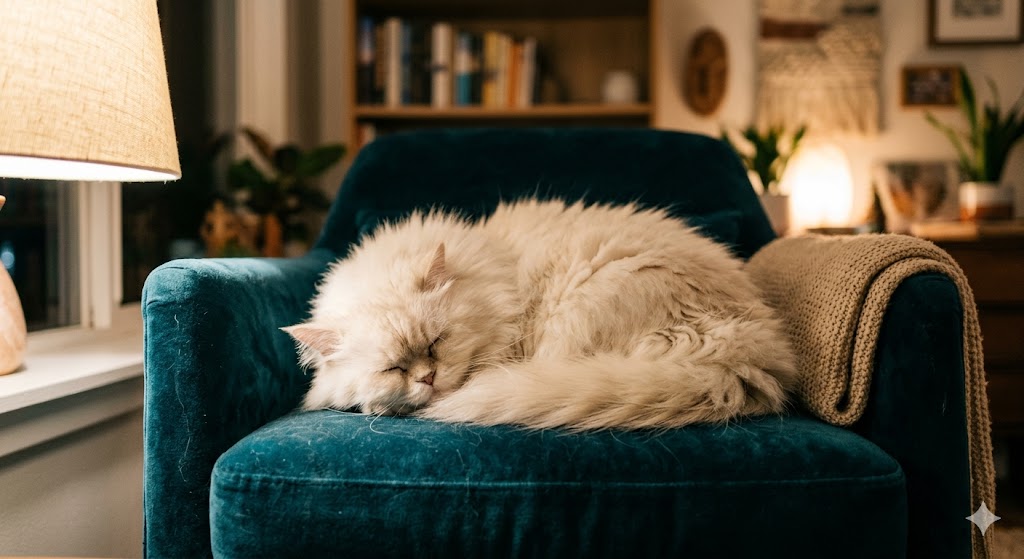 A fluffy cream Persian cat curled up asleep on a teal velvet armchair in a warm, lamp-lit living room