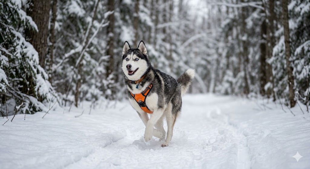 A Siberian Husky with bright blue eyes and an orange harness trotting happily down a snow-covered forest trail