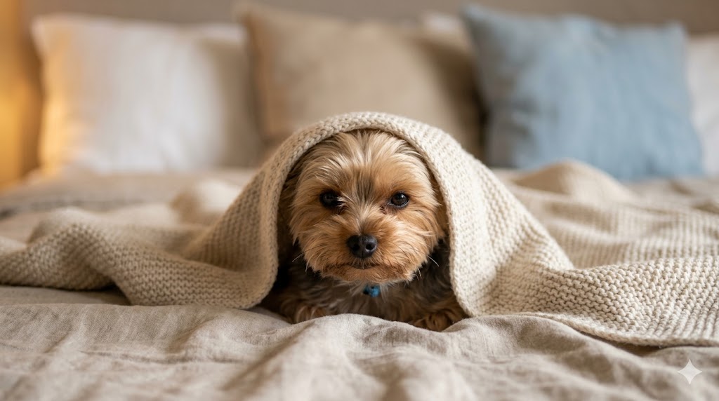 Yorkshire Terrier resting peacefully under a cozy knit blanket on a bed