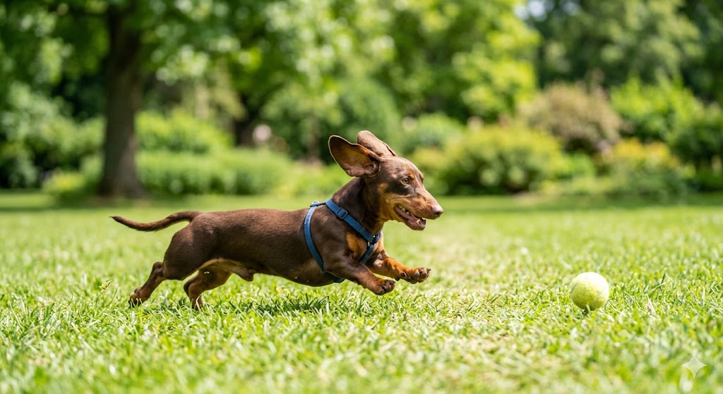A chocolate dachshund with a blue harness sprinting after a tennis ball on a lush green lawn in a sunny park