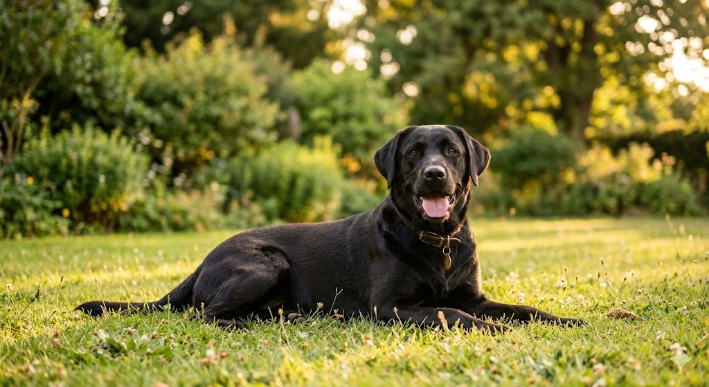 A black Labrador Retriever lying contentedly on green grass during golden hour, tongue out and wearing a leather collar