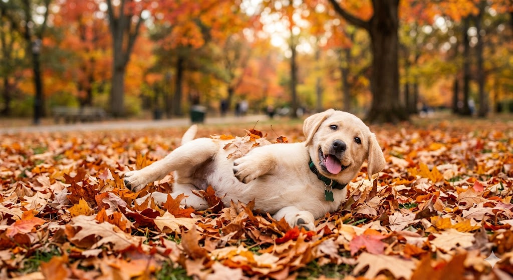 A playful yellow Labrador puppy rolling on its side in a pile of colorful autumn leaves in a park, tongue out and wearing a green collar