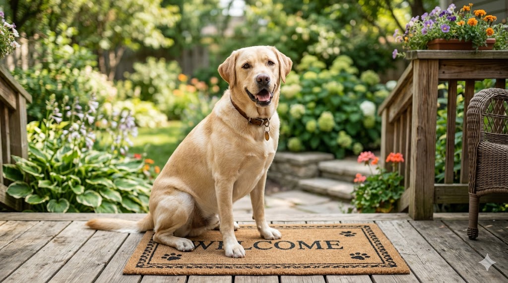 Golden Labrador Retriever sitting on a welcome mat on a backyard porch surrounded by greenery