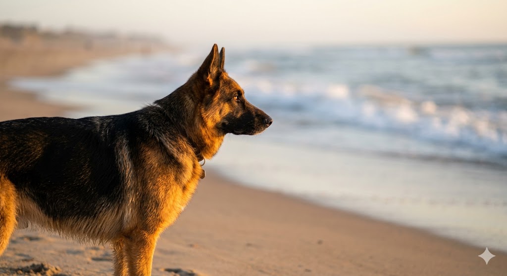 A German Shepherd standing on a sandy beach at sunset, gazing out at the ocean waves with a calm, noble profile