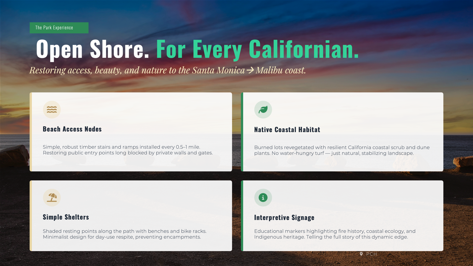 Park experience — coastal path and beach access