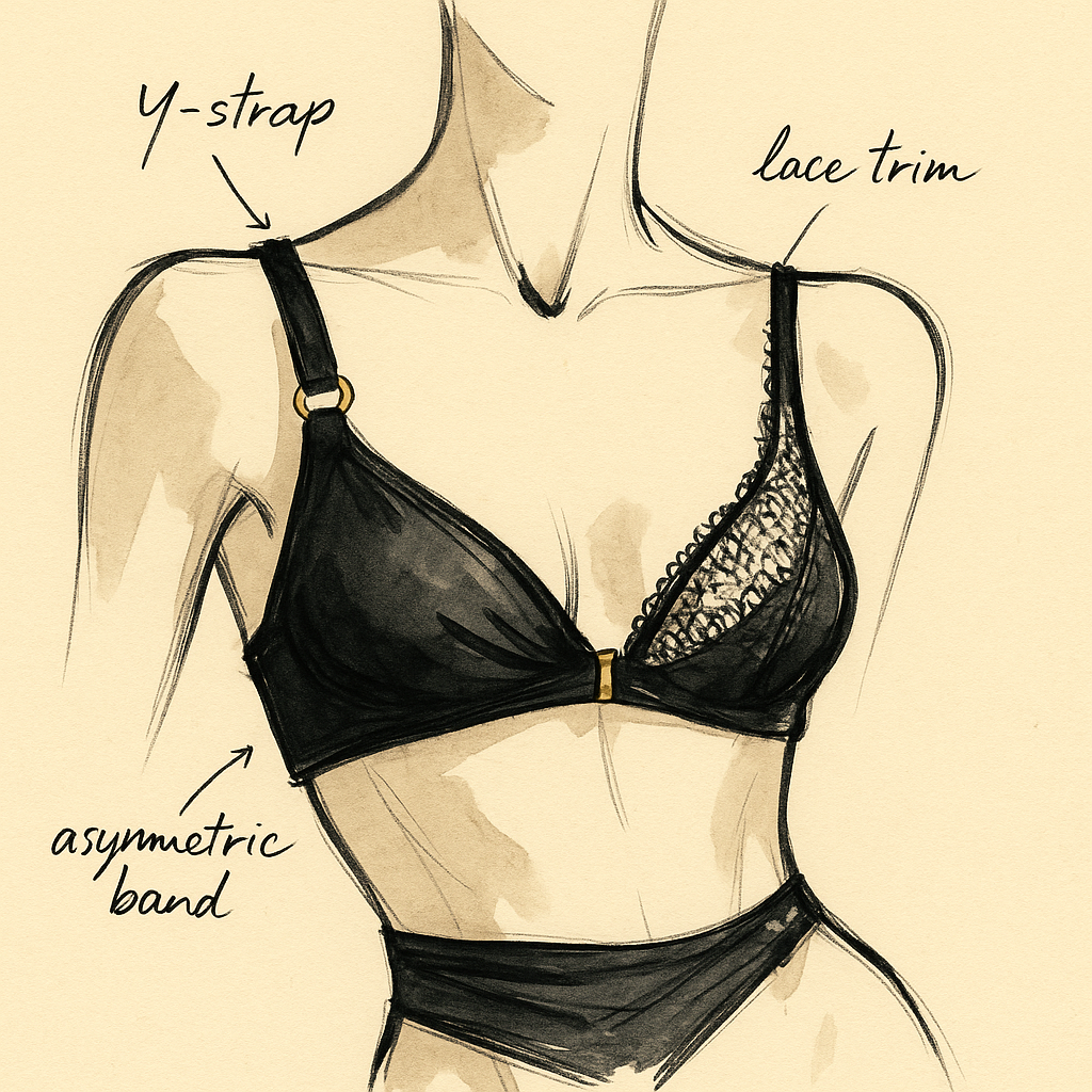 The Balance — fashion sketch showing asymmetric bra on cream paper with ink and gold accents