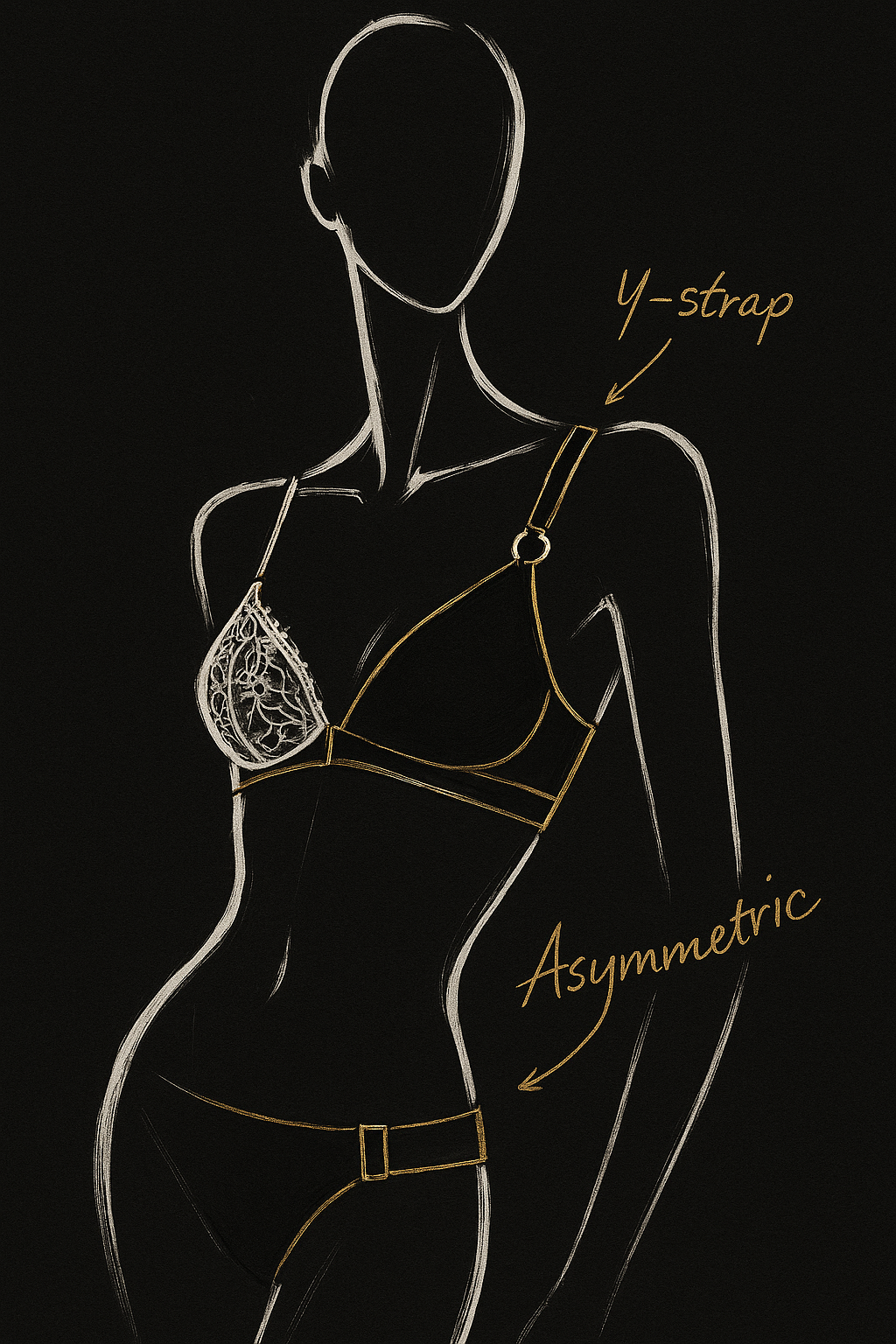 The Balance — editorial fashion illustration showing the asymmetric bra with Y-strap construction, gold hardware accents