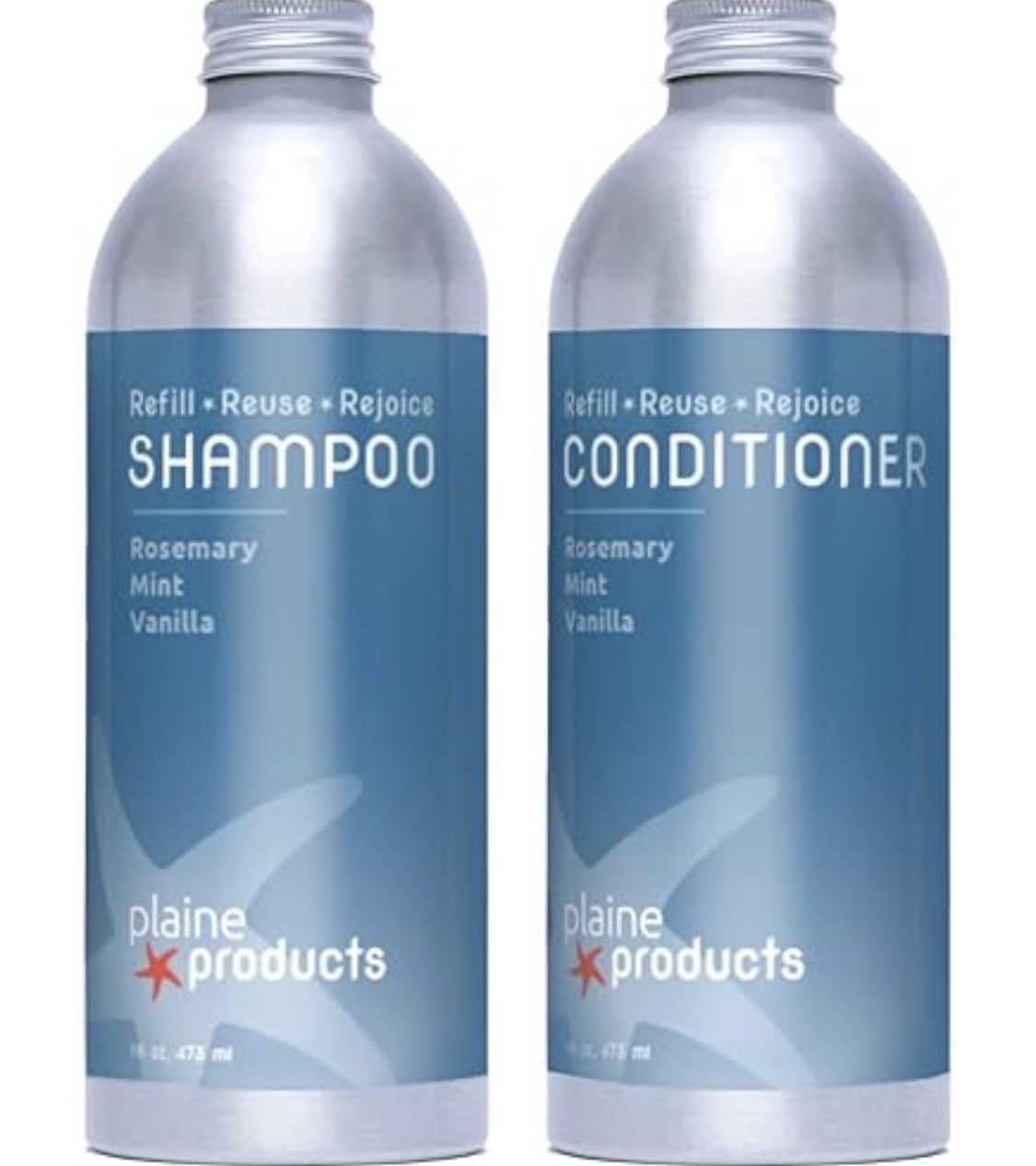 Plaine Products rosemary mint shampoo and conditioner bottles